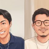 対談する まんまる薬局 CB目黒 薬剤師の皆川卓也さんと堀川達也さんのイラスト