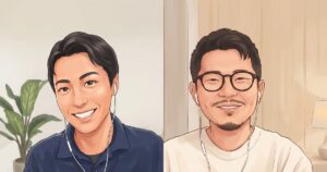 対談する まんまる薬局 CB目黒 薬剤師の皆川卓也さんと堀川達也さんのイラスト