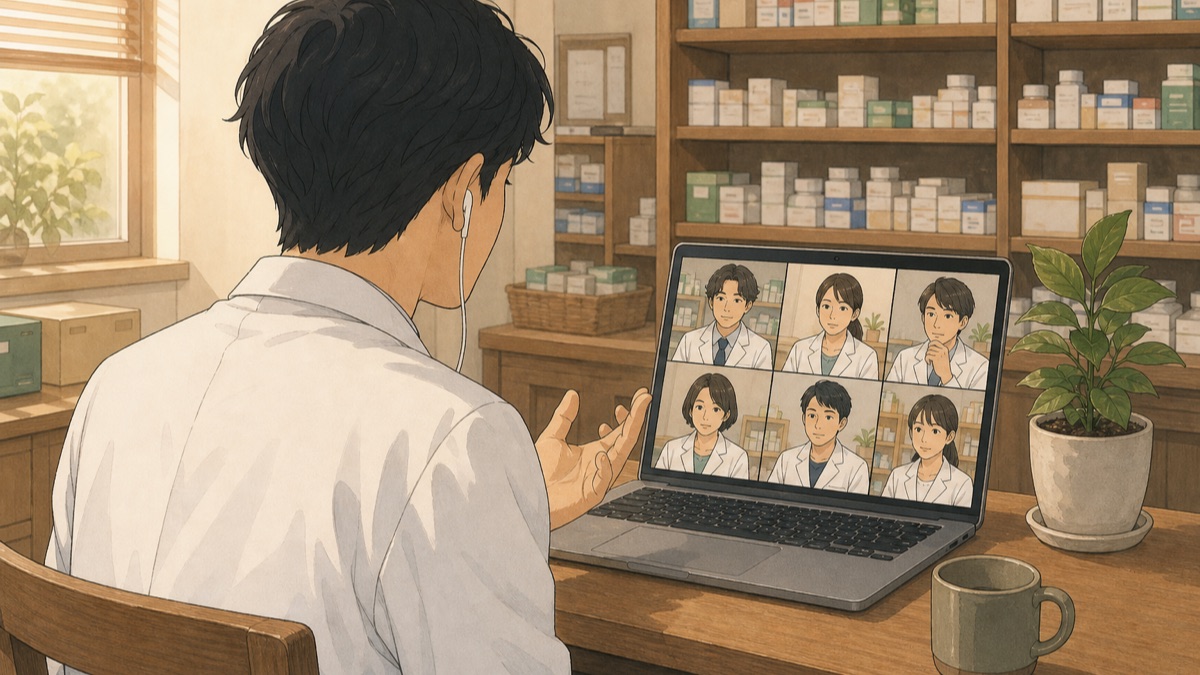 オンラインの朝会で、画面越しに話す薬剤師のイラスト